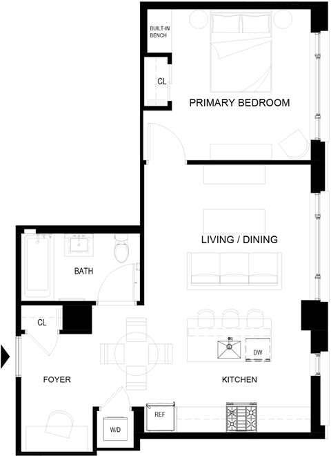 Floor plan for 1 bed, 1 bath, 629 sqft